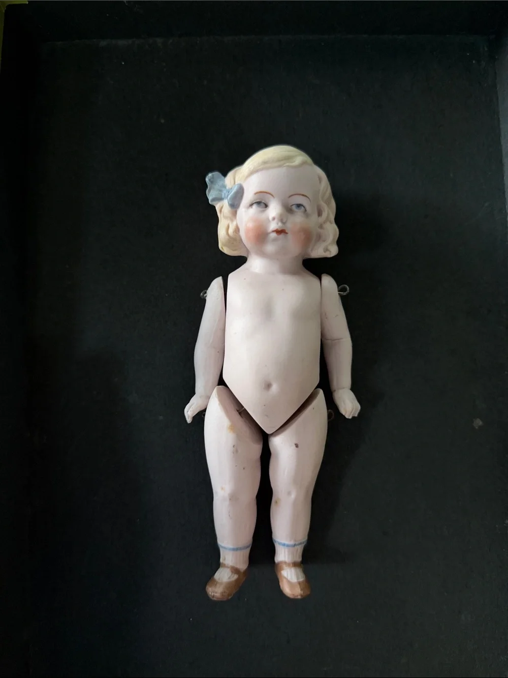Antique Pudgy Tummy Blue Bow Mignonette or Limbach German Bisque Doll - Picture 1 of 7